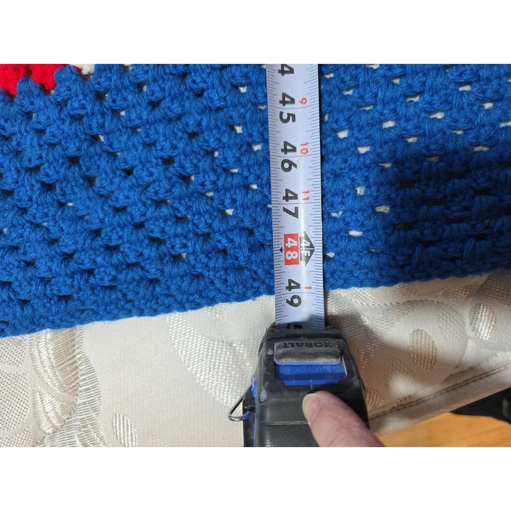 Crochet Afghan Blanket Throw Red White Blue Striped rectangle 55x49" Granny Core - Picture 6 of 6